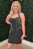 Load image into Gallery viewer, Sparkly Dark Blue Tight Short Halter Floral Beaded Cocktail Dress