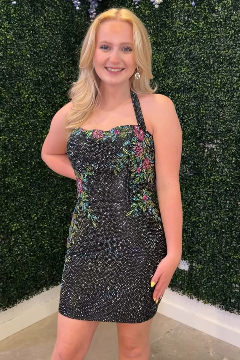 Load image into Gallery viewer, Sparkly Dark Blue Tight Short Halter Floral Beaded Cocktail Dress