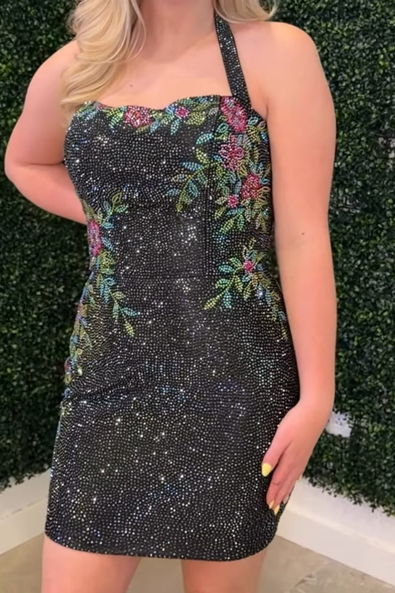 Load image into Gallery viewer, Sparkly Dark Blue Halter Tight Short Floral Cocktail Dress with Beading