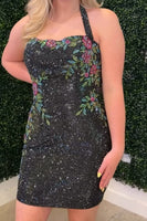 Load image into Gallery viewer, Sparkly Dark Blue Tight Short Halter Floral Beaded Cocktail Dress