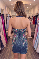 Load image into Gallery viewer, Sparkly Dark Blue Tight Short Halter Floral Beaded Cocktail Dress
