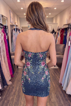 Sparkly Dark Blue Tight Short Halter Floral Beaded Cocktail Dress