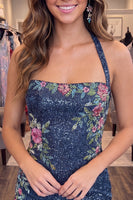 Load image into Gallery viewer, Sparkly Dark Blue Tight Short Halter Floral Beaded Cocktail Dress