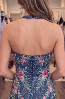 Load image into Gallery viewer, Sparkly Dark Blue Tight Short Halter Floral Beaded Cocktail Dress