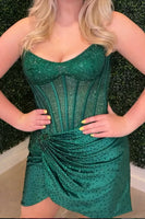 Load image into Gallery viewer, Sparkly Green Beaded Tight Short Corset Ruched Cocktail Dress