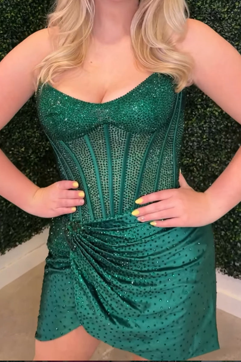 Load image into Gallery viewer, Sparkly Green Beaded Tight Short Corset Ruched Cocktail Dress