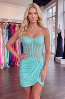 Load image into Gallery viewer, Sparkly Green Beaded Tight Short Corset Ruched Cocktail Dress