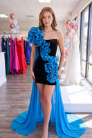 Load image into Gallery viewer, Black and Blue Tight Short Strapless Cocktail Dress with Cape