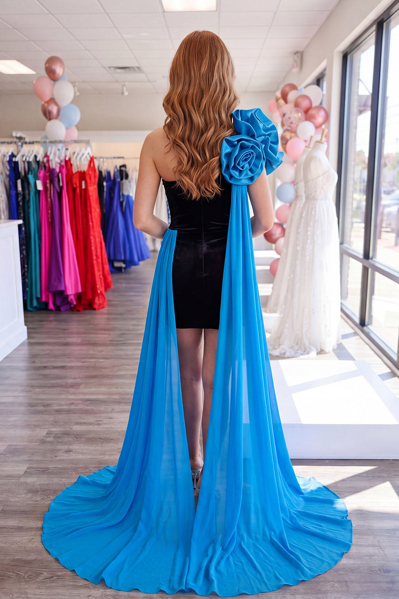 Load image into Gallery viewer, Black and Blue Tight Short Strapless Cocktail Dress with Cape