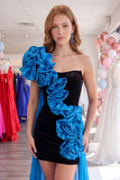 Load image into Gallery viewer, Black and Blue Tight Short Strapless Cocktail Dress with Cape
