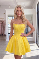 Load image into Gallery viewer, Butter Yellow Strapless Corset A Line Short Cocktail Dress with Pearls