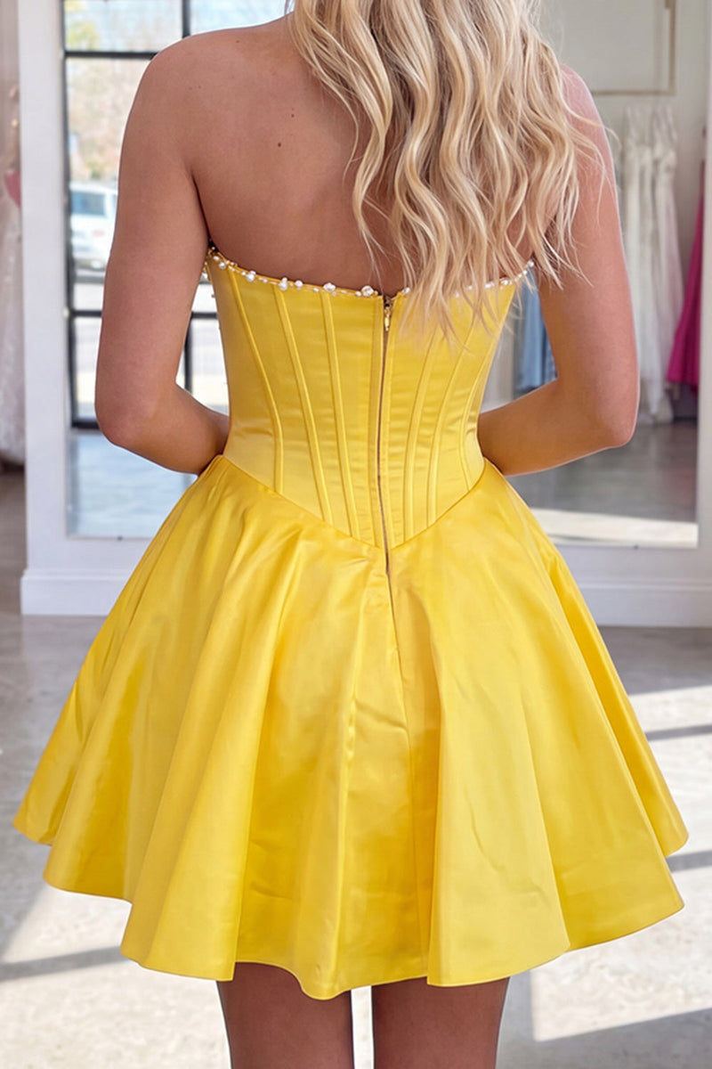 Load image into Gallery viewer, Butter Yellow Strapless Corset A Line Short Cocktail Dress with Pearls