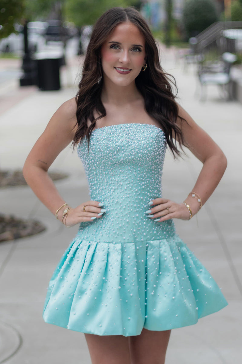 Load image into Gallery viewer, Mint A Line Strapless Short Cocktail Dress with Pearls