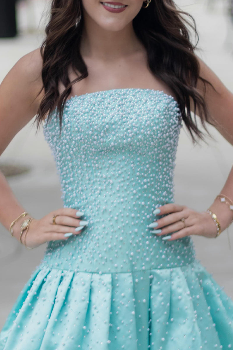 Load image into Gallery viewer, Mint A Line Strapless Short Cocktail Dress with Pearls