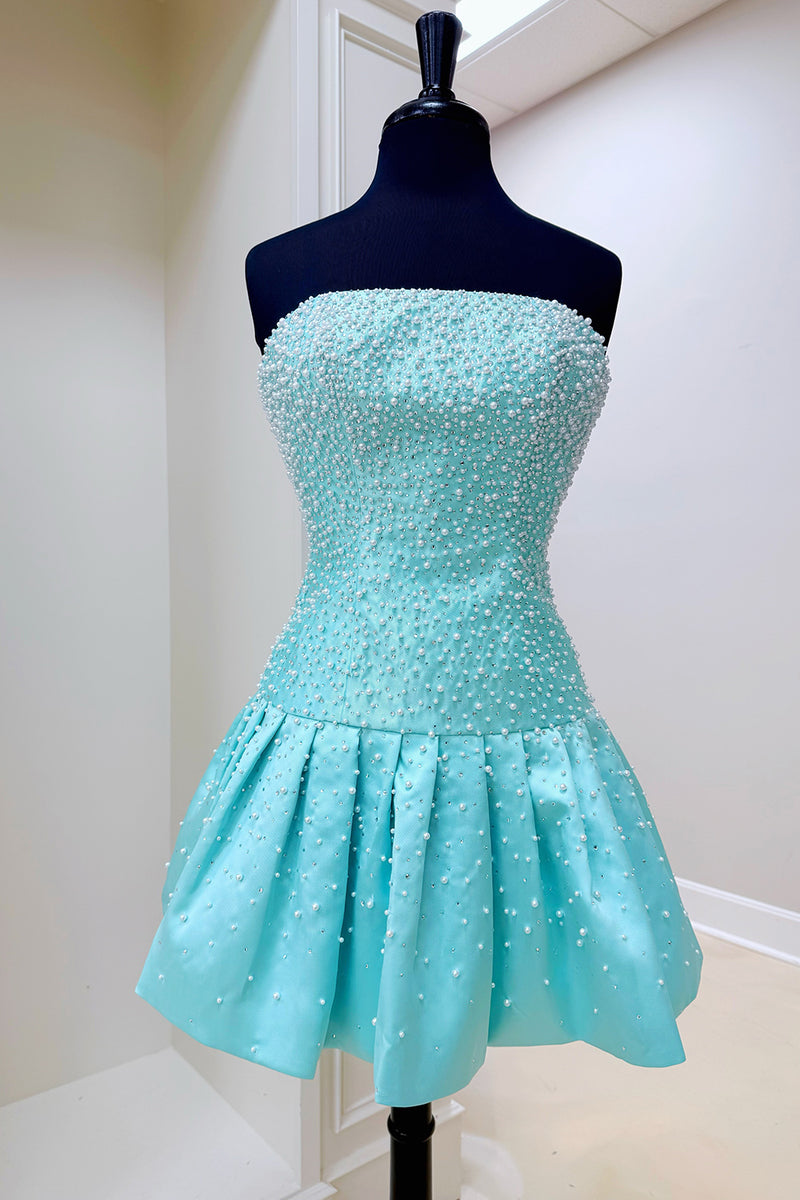 Load image into Gallery viewer, Mint Strapless A Line Short Cocktail Dress with Pearls