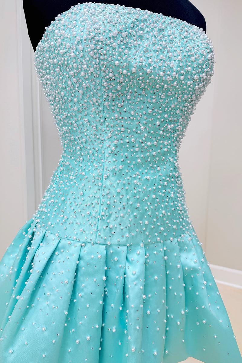 Load image into Gallery viewer, Mint Strapless A Line Short Cocktail Dress with Pearls
