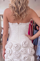 Load image into Gallery viewer, White Strapless Tight Short Cocktail Dress with 3D Flowers