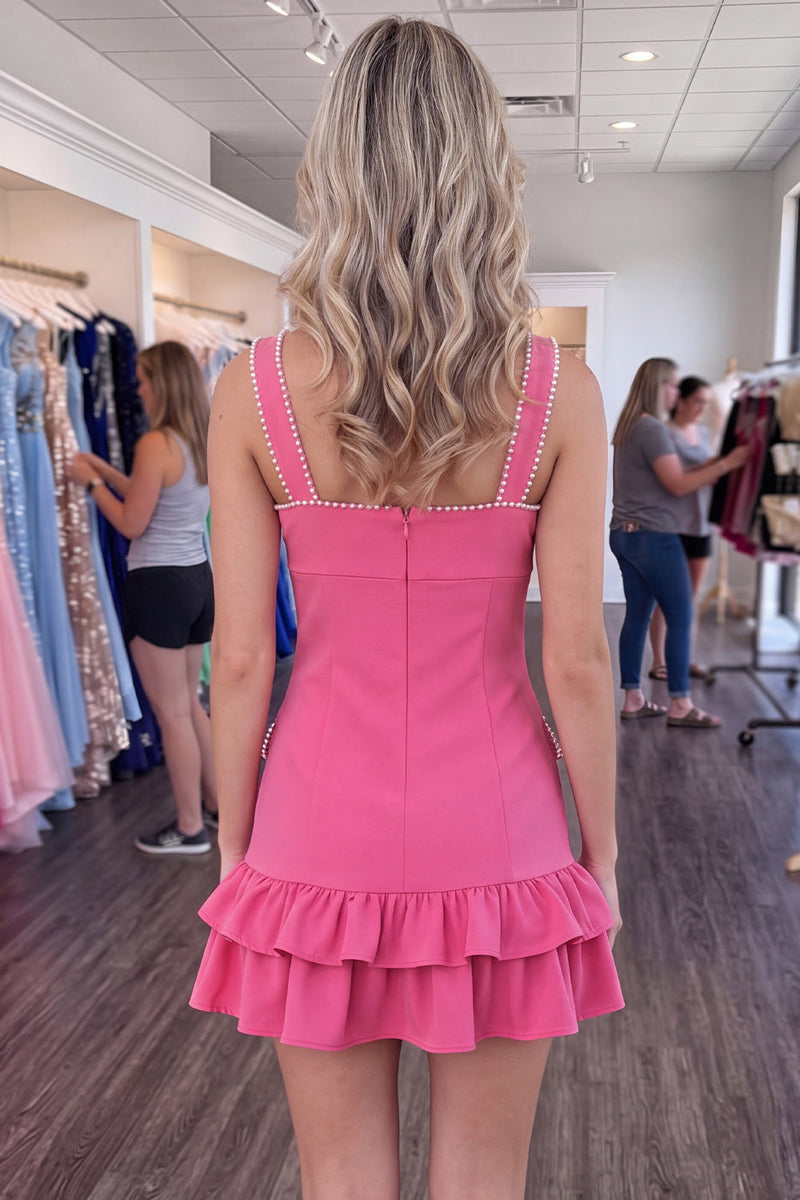 Load image into Gallery viewer, Black Thick Straps Tight Ruffled Short Cocktail Dress with Pearls