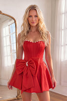 Load image into Gallery viewer, Red Short Corset A Line Strapless Cocktail Dress with Pearls
