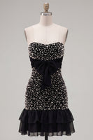 Load image into Gallery viewer, Sparkly Black Beaded Ruffled Tight Short Cocktail Dress with Bow