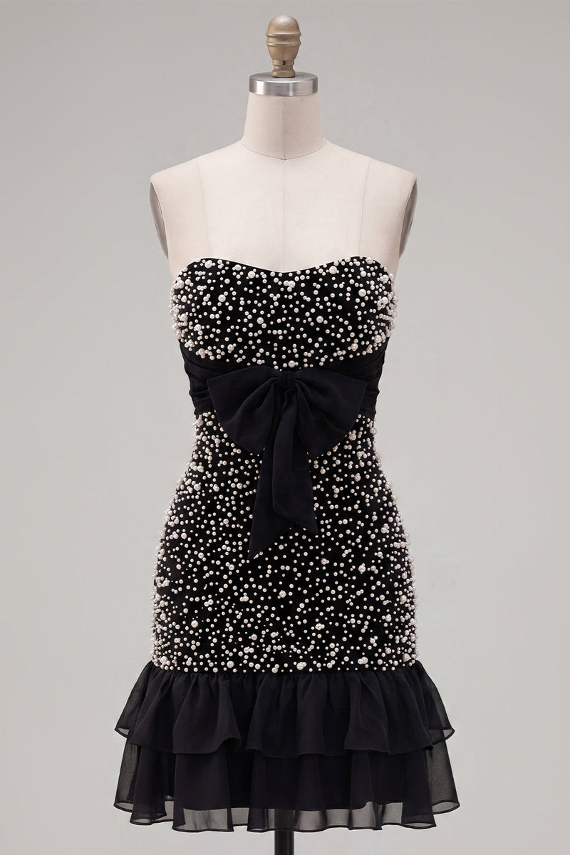 Load image into Gallery viewer, Sparkly Black Beaded Ruffled Tight Short Cocktail Dress with Bow