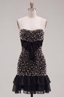 Load image into Gallery viewer, Sparkly Black Beaded Ruffled Tight Short Cocktail Dress with Bow