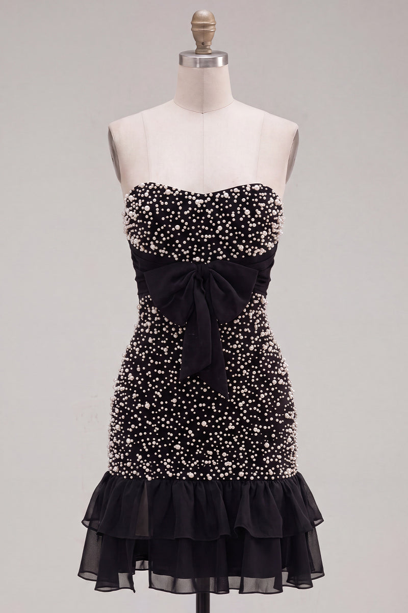Load image into Gallery viewer, Sparkly Black Beaded Ruffled Tight Short Cocktail Dress with Bow