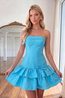 Load image into Gallery viewer, Blue Strapless A Line Short Cocktail Dress with Ruffles
