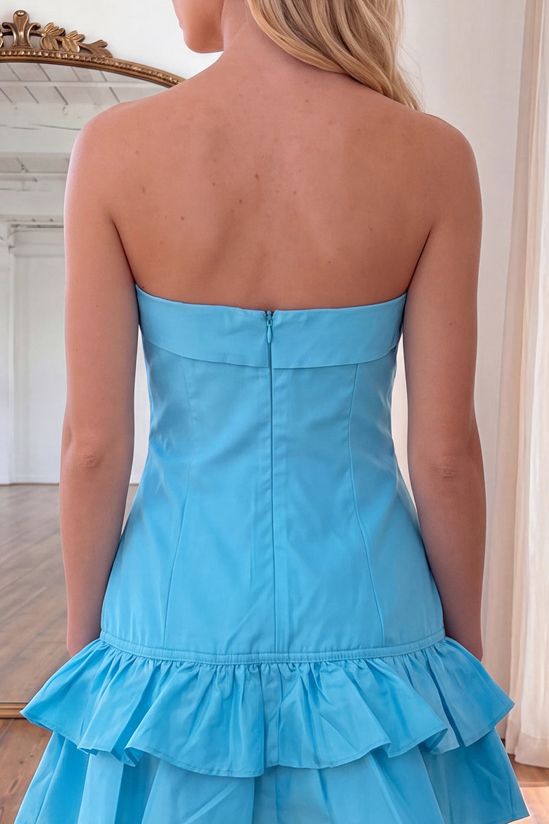 Load image into Gallery viewer, Blue Strapless A Line Short Cocktail Dress with Ruffles