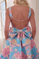 Load image into Gallery viewer, Blue Red Flower A Line Short V-Neck Cocktail Dress with Bow
