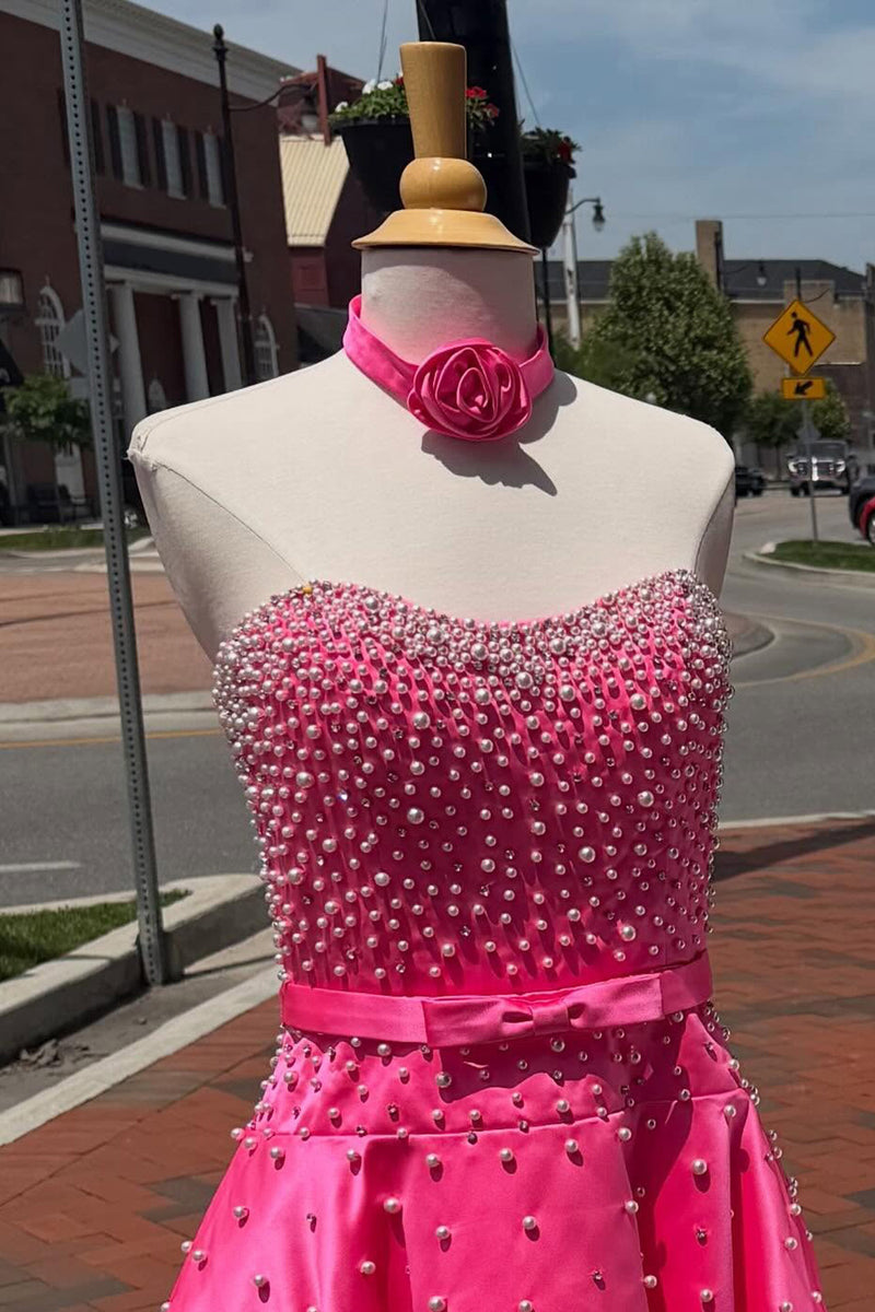 Load image into Gallery viewer, Fuchsia Short A Line Strapless Cocktail Dress with Pearls
