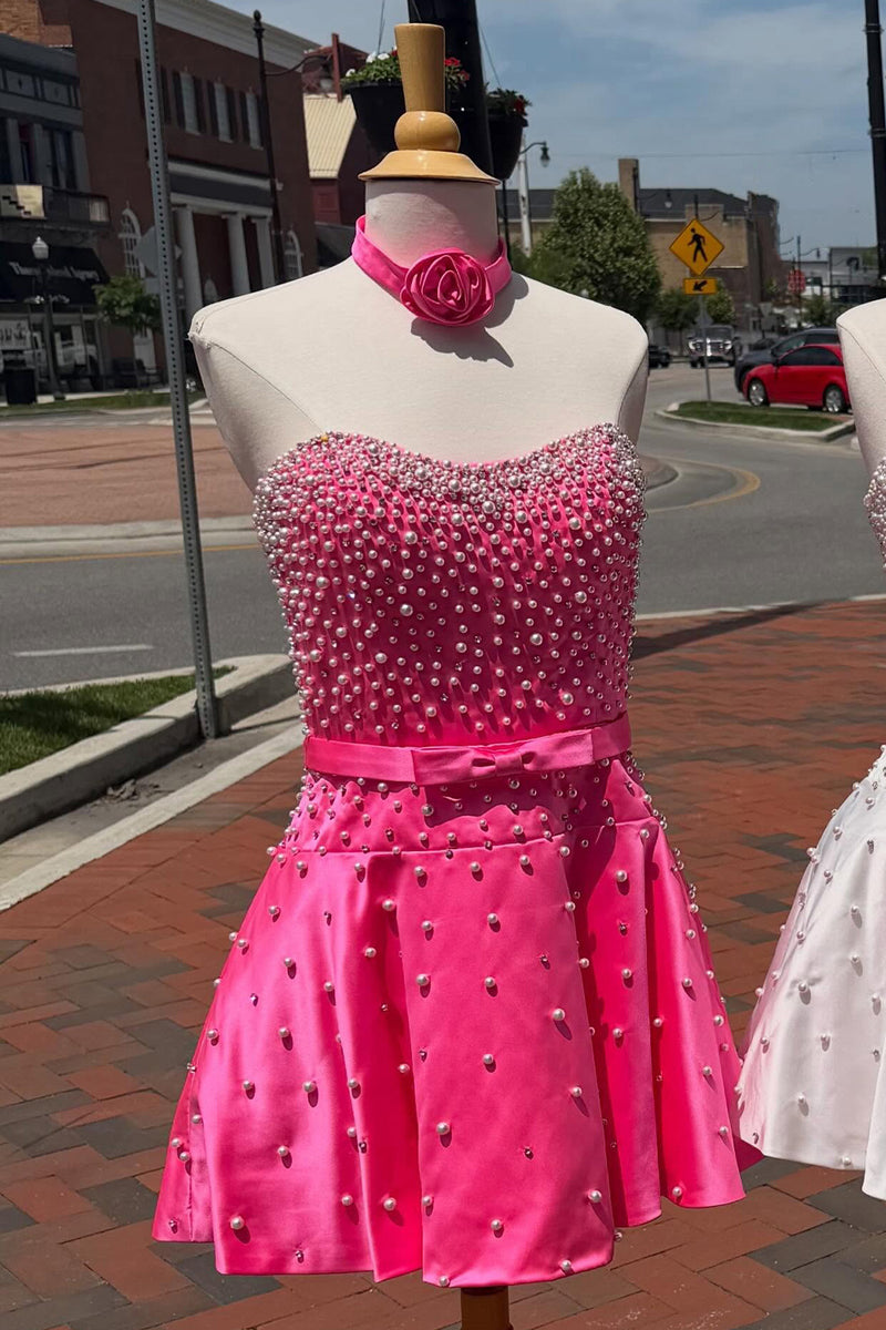 Load image into Gallery viewer, Fuchsia Short A Line Strapless Cocktail Dress with Pearls