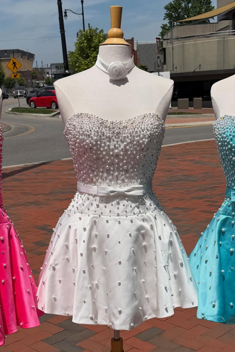 Load image into Gallery viewer, Fuchsia Short A Line Strapless Cocktail Dress with Pearls