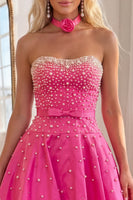 Load image into Gallery viewer, Fuchsia Short A Line Strapless Cocktail Dress with Pearls