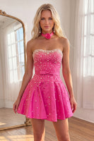 Load image into Gallery viewer, Fuchsia Short A Line Strapless Cocktail Dress with Pearls