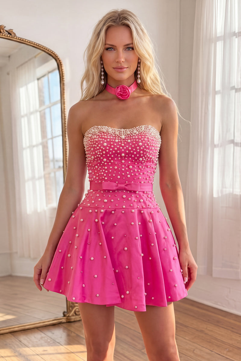 Load image into Gallery viewer, Fuchsia Short A Line Strapless Cocktail Dress with Pearls