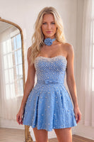 Load image into Gallery viewer, Fuchsia Short A Line Strapless Cocktail Dress with Pearls