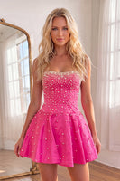 Load image into Gallery viewer, Fuchsia Short A Line Strapless Cocktail Dress with Pearls