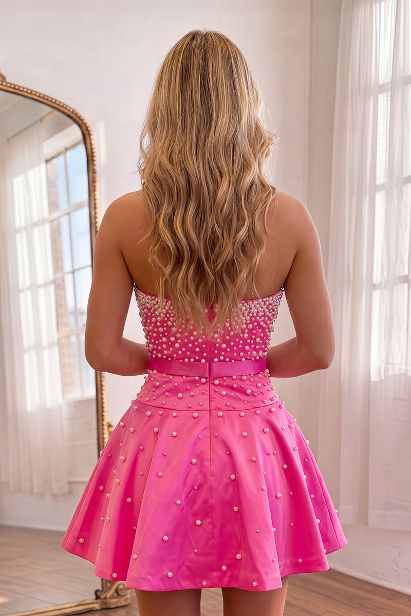 Load image into Gallery viewer, Fuchsia Short A Line Strapless Cocktail Dress with Pearls