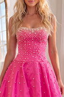 Load image into Gallery viewer, Fuchsia Short A Line Strapless Cocktail Dress with Pearls