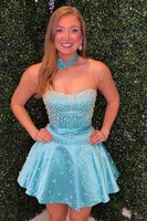 Load image into Gallery viewer, Fuchsia Short A Line Strapless Cocktail Dress with Pearls