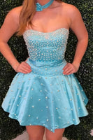 Load image into Gallery viewer, Fuchsia Short A Line Strapless Cocktail Dress with Pearls