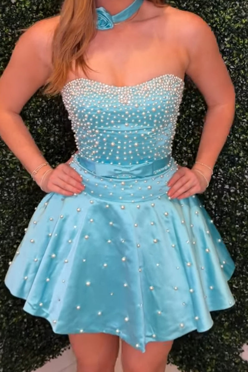 Load image into Gallery viewer, Fuchsia Short A Line Strapless Cocktail Dress with Pearls
