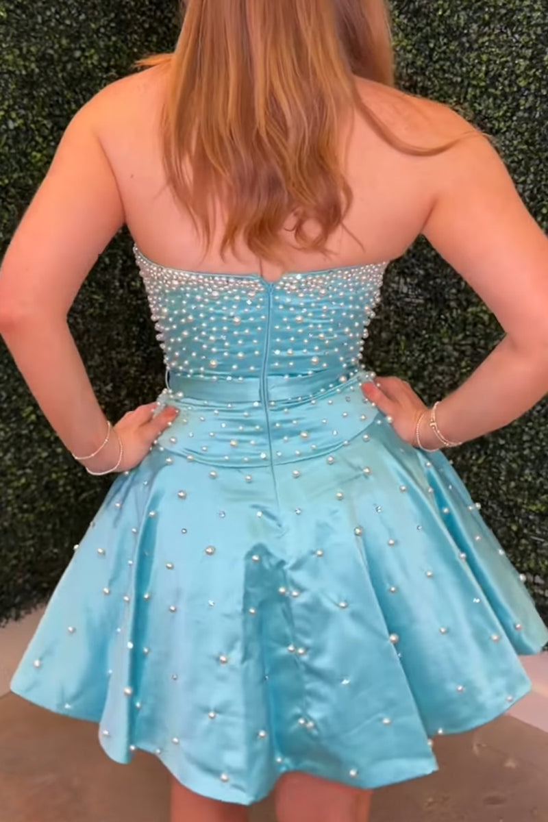Load image into Gallery viewer, Fuchsia Short A Line Strapless Cocktail Dress with Pearls
