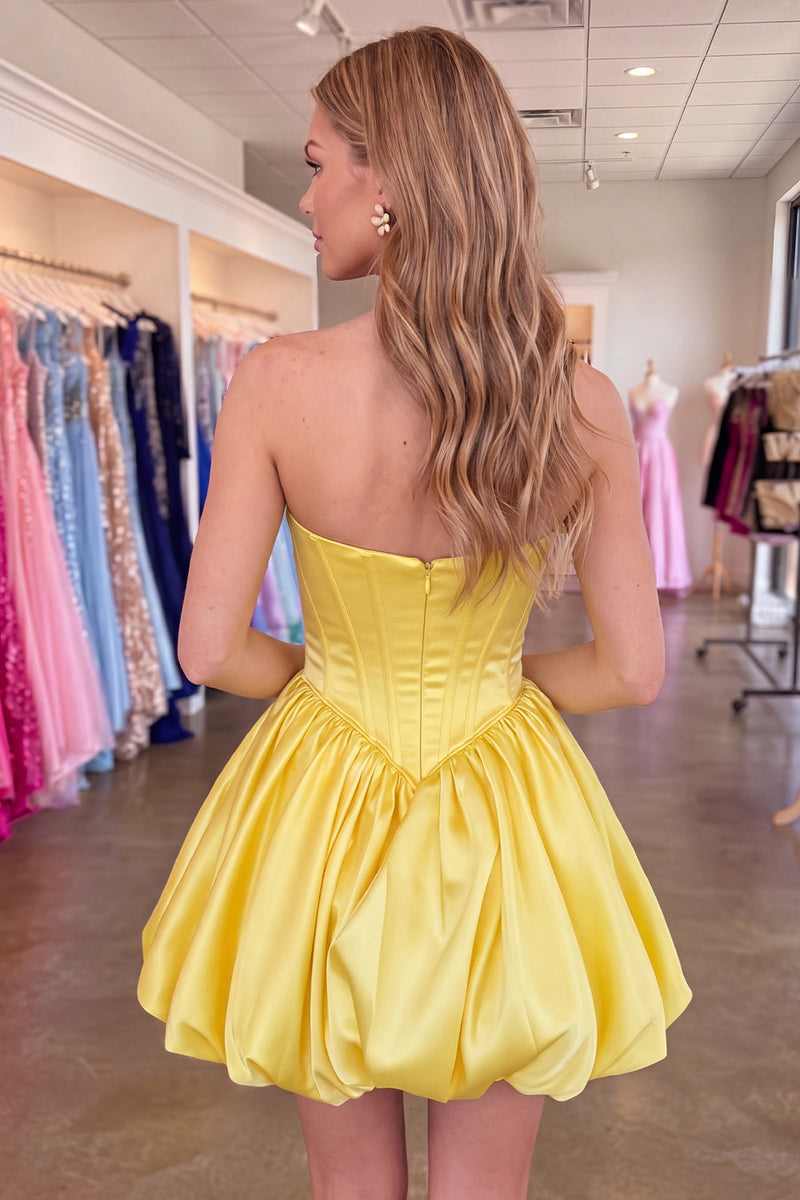 Load image into Gallery viewer, Yellow Corset A Line Strapless Keyhole Short Cocktail Dress with Bow