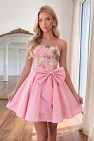 Load image into Gallery viewer, Light Pink Short Floral Strapless Cocktail Dress with Bow