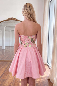 Light Pink Short Floral Strapless Cocktail Dress with Bow