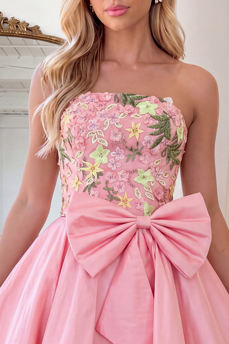 Load image into Gallery viewer, Light Pink Short Floral Strapless Cocktail Dress with Bow