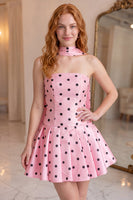 Load image into Gallery viewer, Pink Strapless Polka Dots Neck Scarf A Line Short Cocktail Dress
