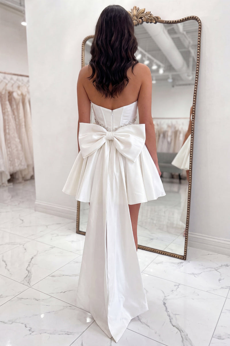 Load image into Gallery viewer, White Strapless A Line Short Corset Beaded Cocktail Dress with Bow